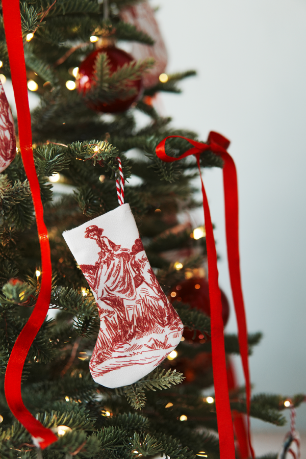 Toile Christmas Stocking Ornament